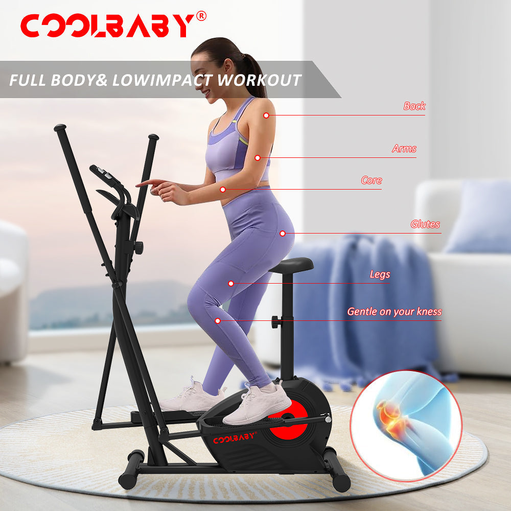 COOLBABY Elliptical Machine,Elliptical Exercise Machine for home with Seat,8 Resistance Levels,Pulse Rate Grips and LCD Monitor,WQSJ-JSC02