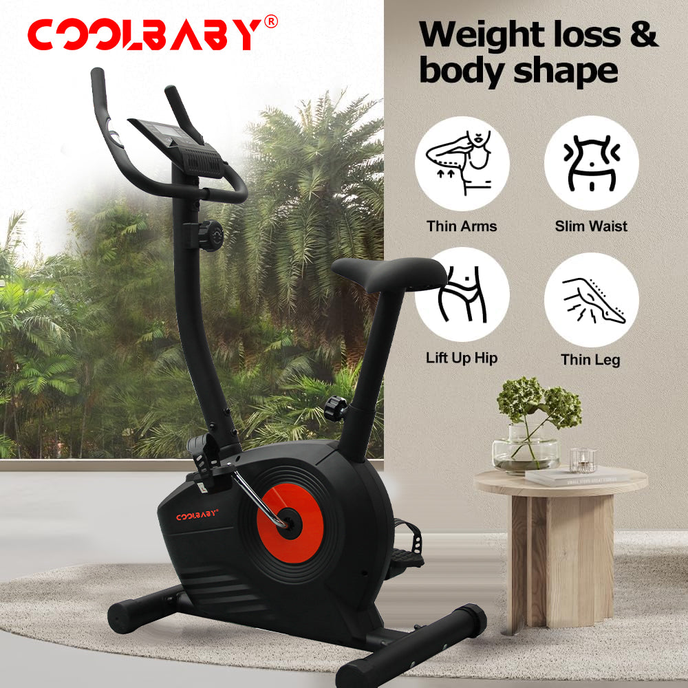 COOLBABY Home Fitness Exercise Bike with 8 Levels Adjustable Magnetic Resistance,Indoor Upright Bike for Cardio Workout,WQSJ-JSC03