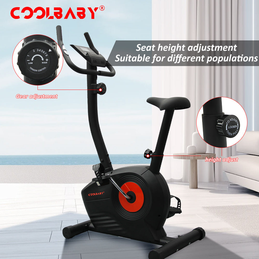 COOLBABY Home Fitness Exercise Bike with 8 Levels Adjustable Magnetic Resistance,Indoor Upright Bike for Cardio Workout,WQSJ-JSC03