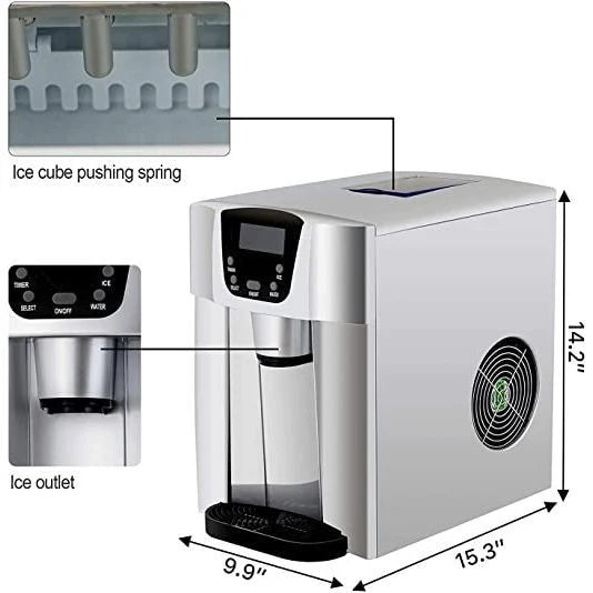3-in-1 Countertop Ice Maker & Cold Water Dispenser – 15KG/Day, 2L Tank, Silver