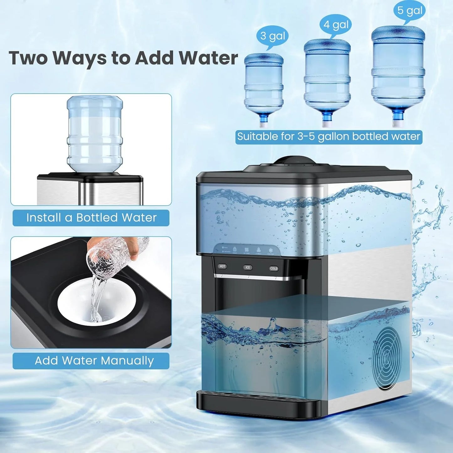 COOLBABY 3-in-1 Countertop Water Dispenser with Ice Maker – Hot & Cold Water, 12 Ice Cubes per Cycle, 3–5 Gallon Top Loading, Stainless Steel HK-25YLR