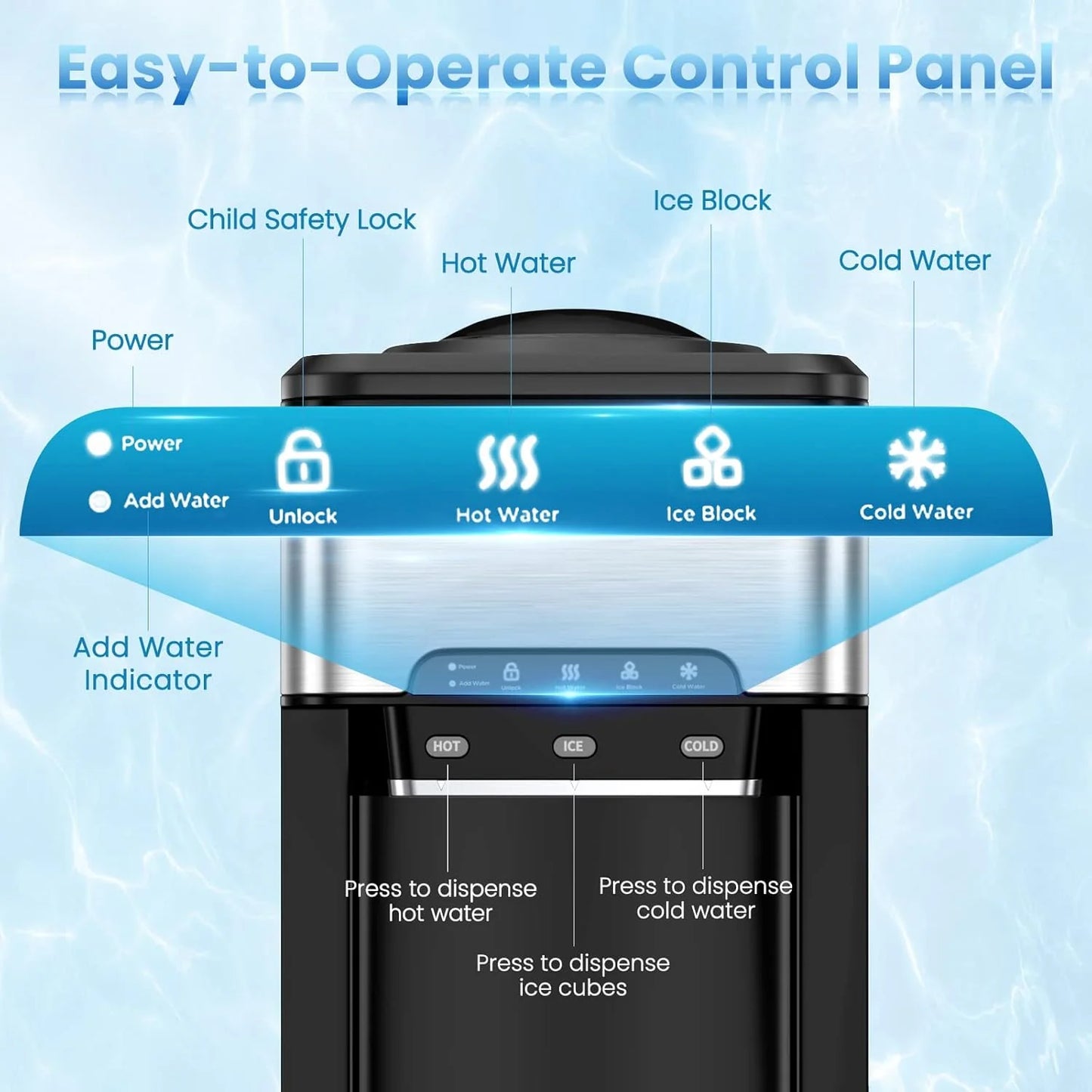 COOLBABY 3-in-1 Countertop Water Dispenser with Ice Maker – Hot & Cold Water, 12 Ice Cubes per Cycle, 3–5 Gallon Top Loading, Stainless Steel HK-25YLR