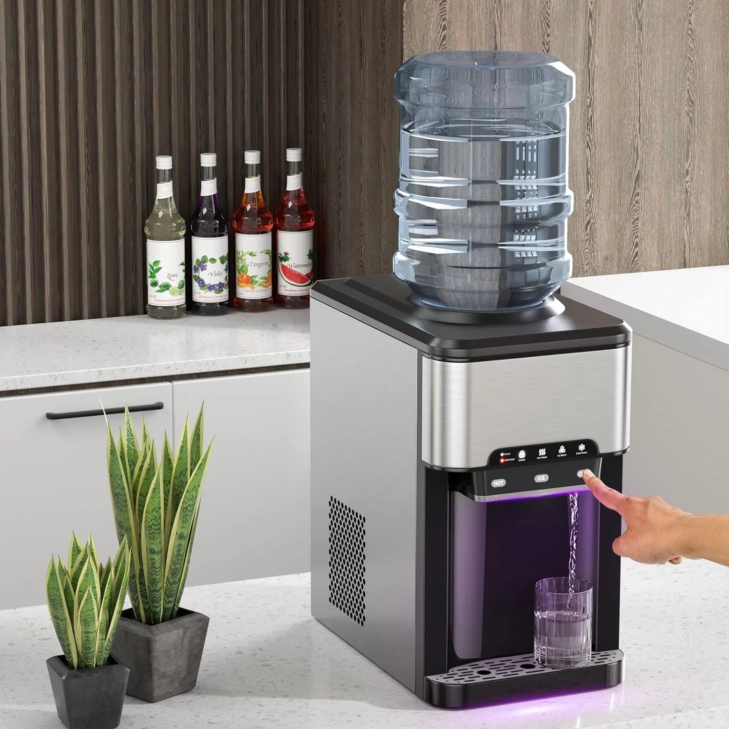 COOLBABY 3-in-1 Countertop Water Dispenser with Ice Maker – Hot & Cold Water, 12 Ice Cubes per Cycle, 3–5 Gallon Top Loading, Stainless Steel HK-25YLR