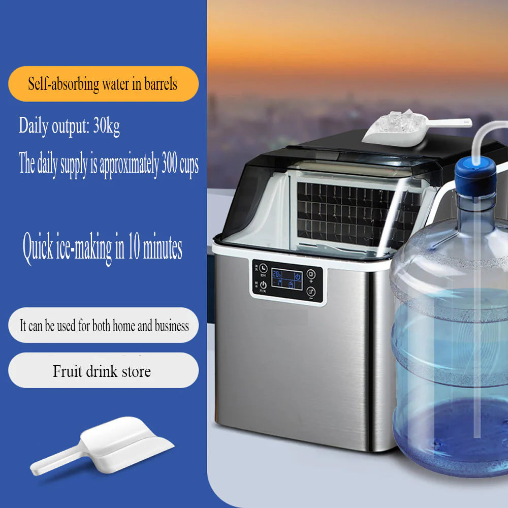 Countertop Ice Maker Machine 30KG/24H – Stainless Steel Square Ice Maker with LCD Display, 24 Cubes per Cycle & Multiple Water Supply Options