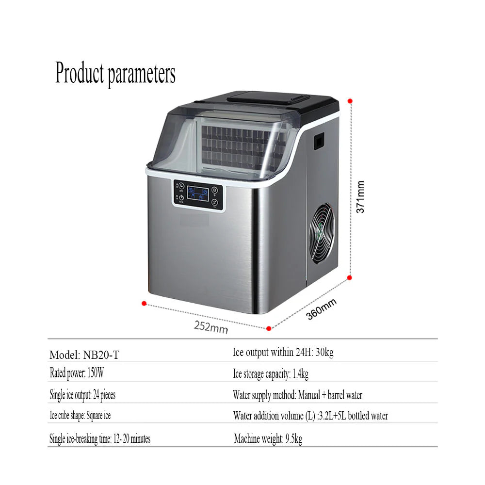 Countertop Ice Maker Machine 30KG/24H – Stainless Steel Square Ice Maker with LCD Display, 24 Cubes per Cycle & Multiple Water Supply Options