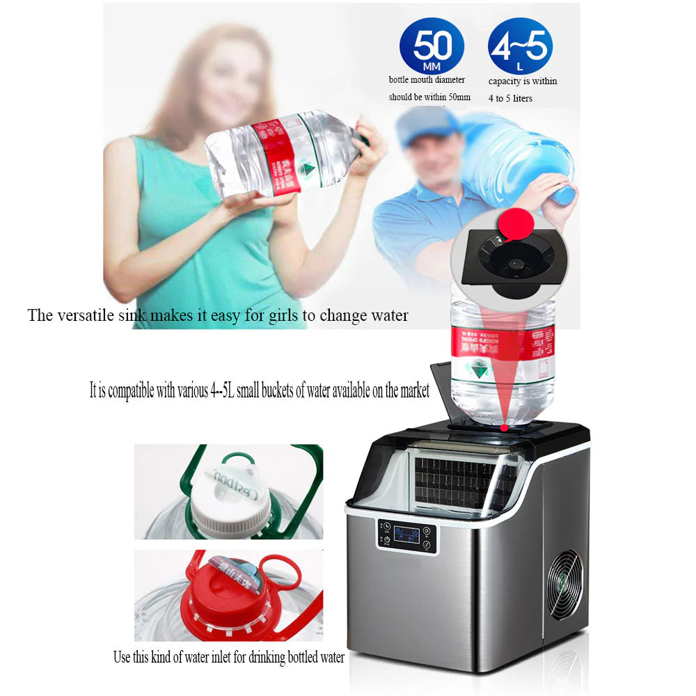 Countertop Ice Maker Machine 30KG/24H – Stainless Steel Square Ice Maker with LCD Display, 24 Cubes per Cycle & Multiple Water Supply Options