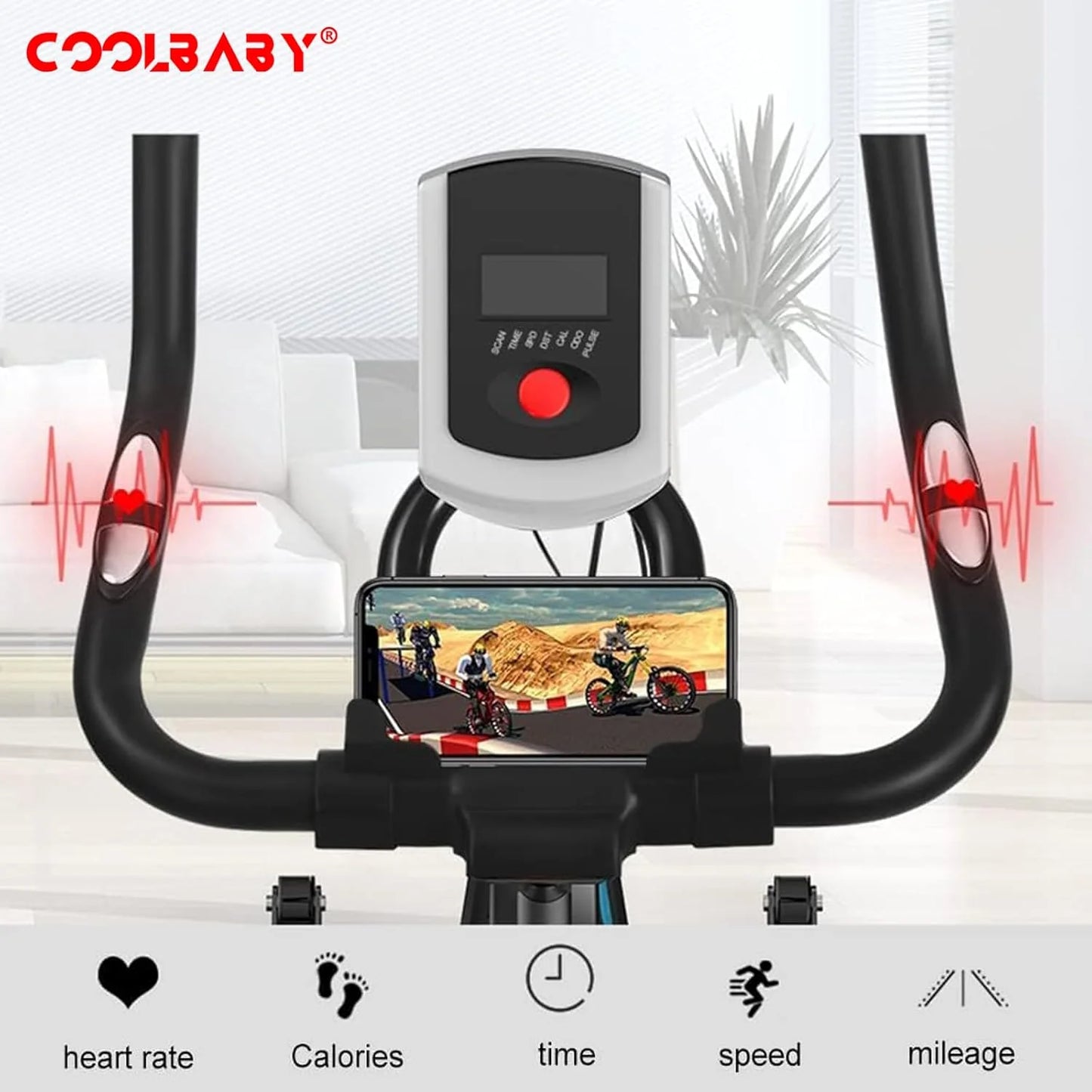 COOLBABY Indoor Cycling Bike for Home Gym - Magnetic Resistance, Height Adjustable Seat, Display, Phone Holder, Heart Rate Monitor, 220lb Capacity