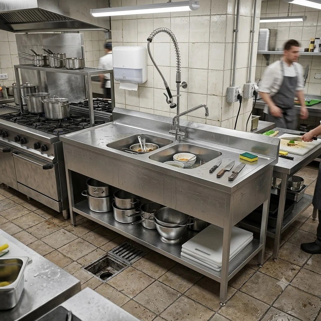 Commercial Double Bowl Stainless Steel Sink | AISI 304 Two Compartment Kitchen Sink 1600×700×850mm | Made in UAE