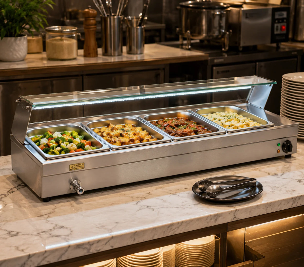 GN HBM-23-24 Electric Bain Marie with Glass Counter | 4 × 1/2 GN | 1.5KW Stainless Steel Food Warmer