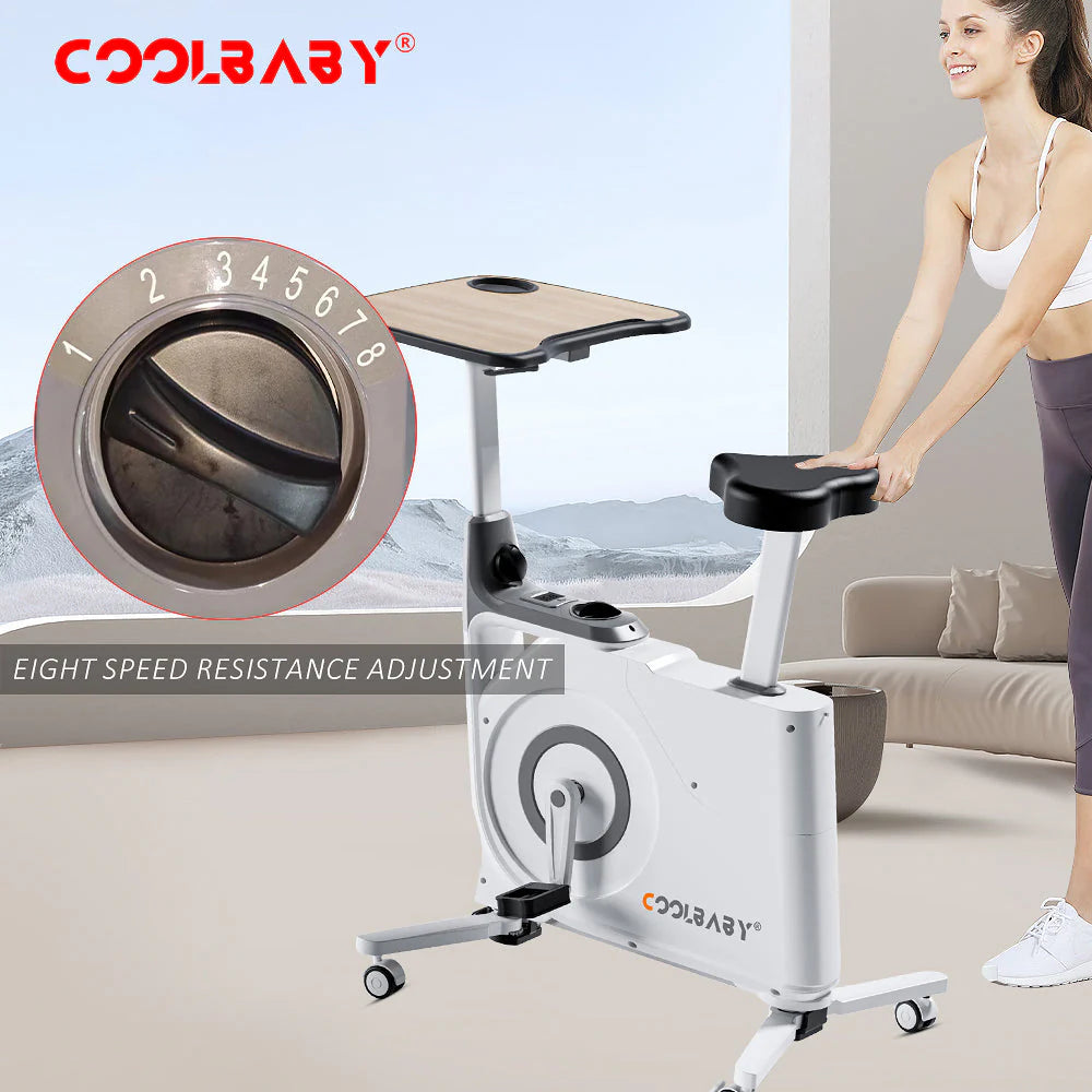COOLBABY Exercise Bike with Desk,Home Office Fitnessbike,8-Level Magnetic Resistance,Foldable Base,LCD Monitor, Max 120 KG,LZM-JSC04
