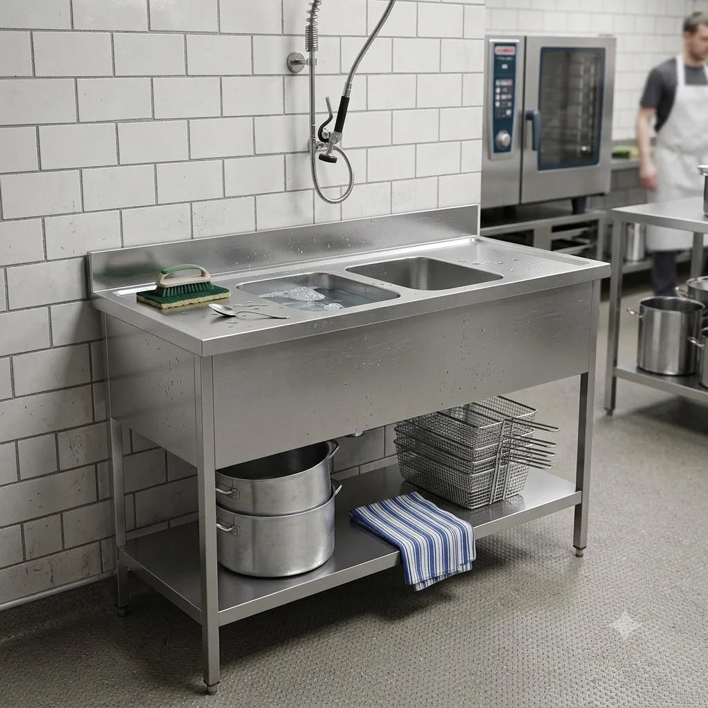 Commercial Double Bowl Sink with Double Drainers | AISI 304 Stainless Steel Sink with Undershelf 2000×700×850mm | Made in UAE
