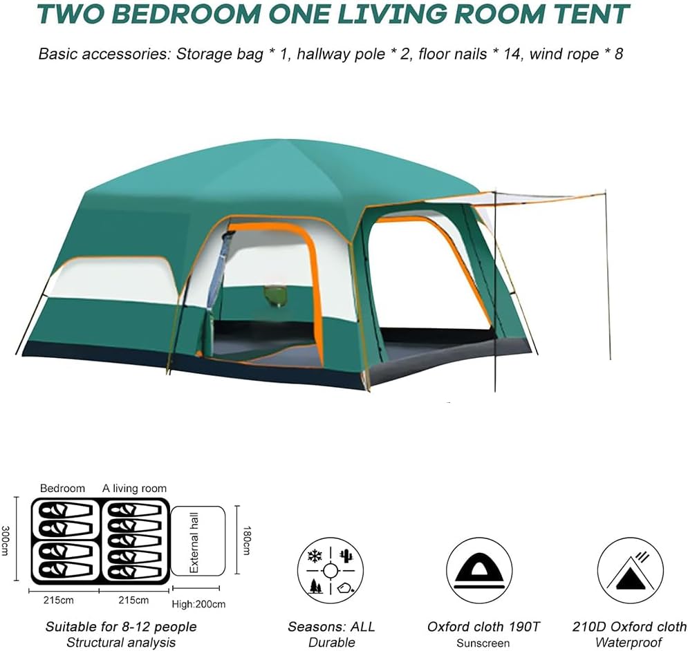 MOST WANTED 12-Person Tent with Divider & Porch – Waterproof, Windproof Cabin Tent for Camping & Hiking Spacious 12-Person Tent with 3 Rooms – Easy Setup, All-Season Family Camping Shelter