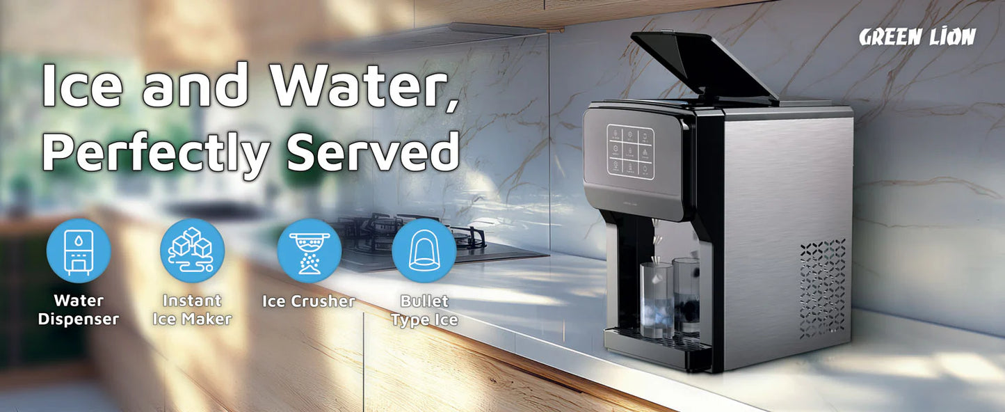 3-in-1 Ice Maker, Water Dispenser & Ice Crusher – 18–20KG/Day with 5L Tank and Touch Contro
