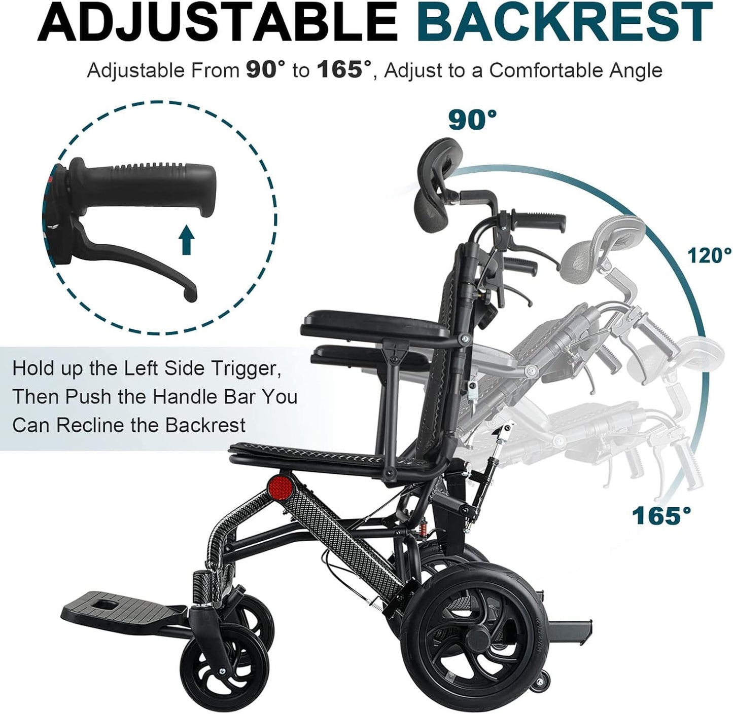 Lightweight Aluminum Manual Reclining Travel Wheelchair for Adults & Seniors 220lbs Capacity Folding Transit Wheelchair