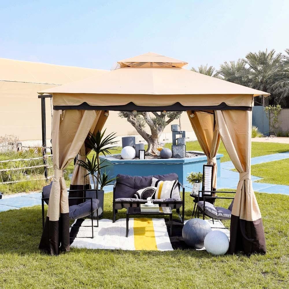 MOST WANTED Delight Gazebo Tent Steel Frame With Polyester Roof Square Shape Tent With Curtain Water And Uv Resistant Garden Patio Canopy Modern Outdoor Furniture 2.7X2.7M - Beige