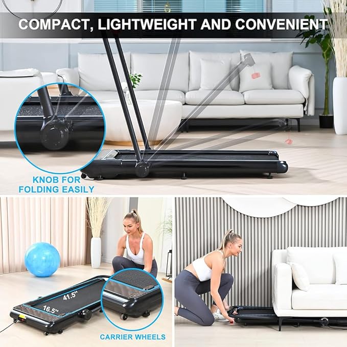 Folding Treadmill, 2 in 1 Under Desk Treadmill with Bluetooth Audio for Office, Home, Adjustable Speeds
