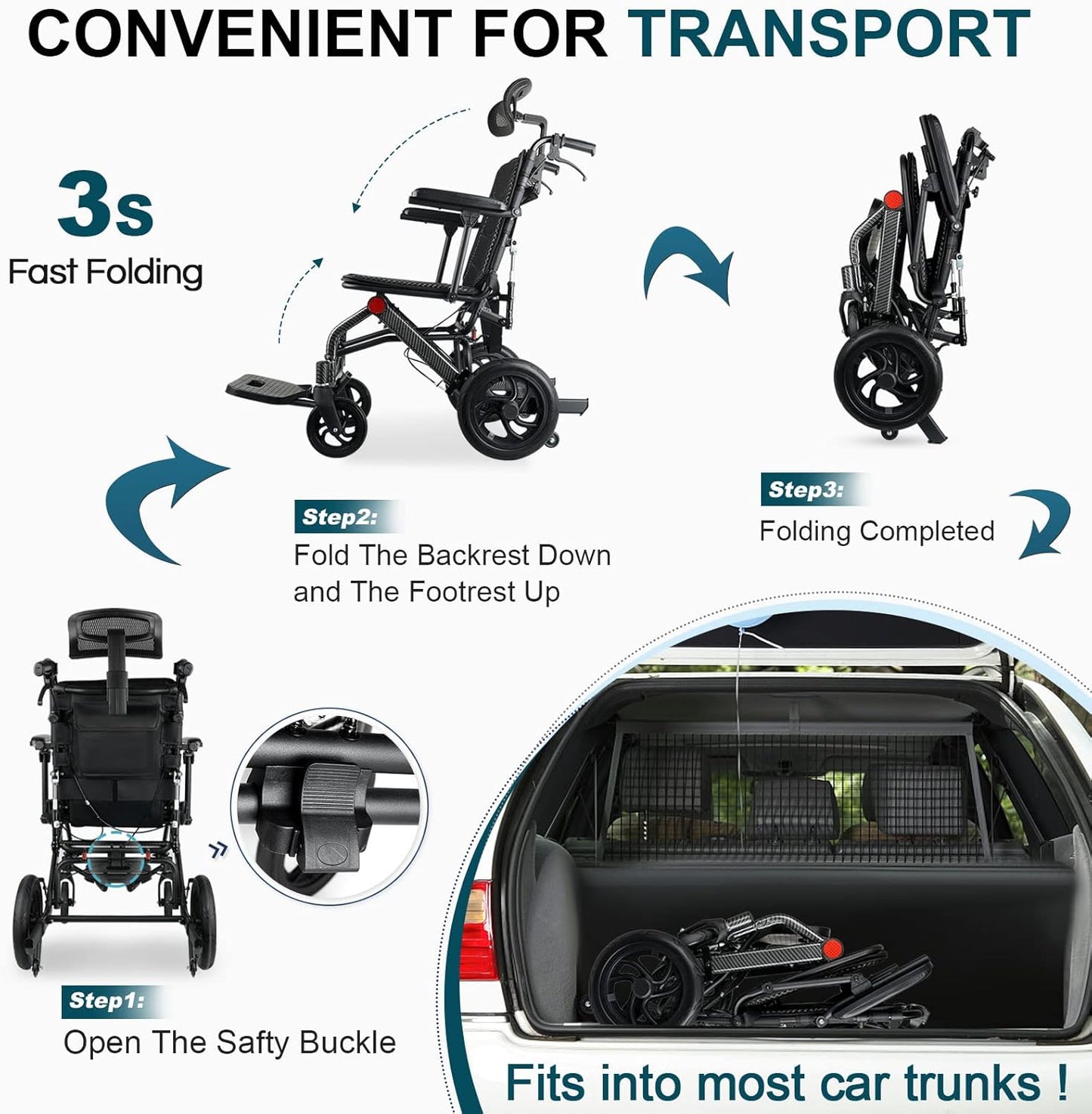 Lightweight Aluminum Manual Reclining Travel Wheelchair for Adults & Seniors 220lbs Capacity Folding Transit Wheelchair