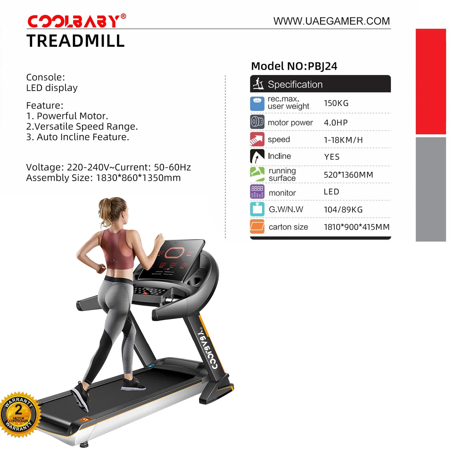 Most Advance PBJ24-SRK Fitness Treadmill 4HP Peak Motor, Auto Incline, Speed Range1-18 Km, LED Display, 150 Kg User Weight,Hydraulic Foldable, Inbuilt Speakers