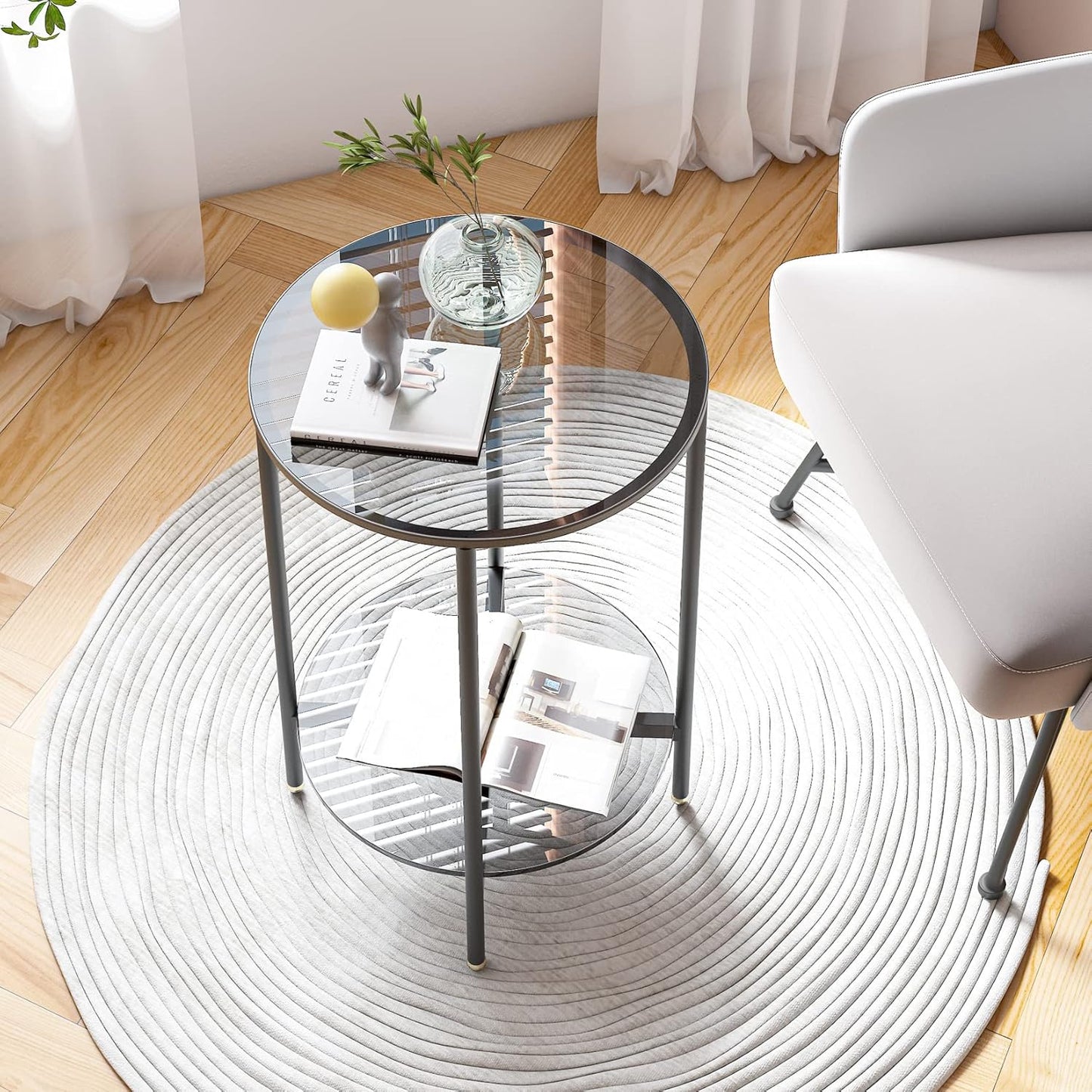 Tempered Glass Table: 2-Tier Round Side Table Gray Bedside Table Modern Storage Side Table Minimalist Glass Top End Table with Matt Black Frame Circle Bedside Sofa Side Table Living Room