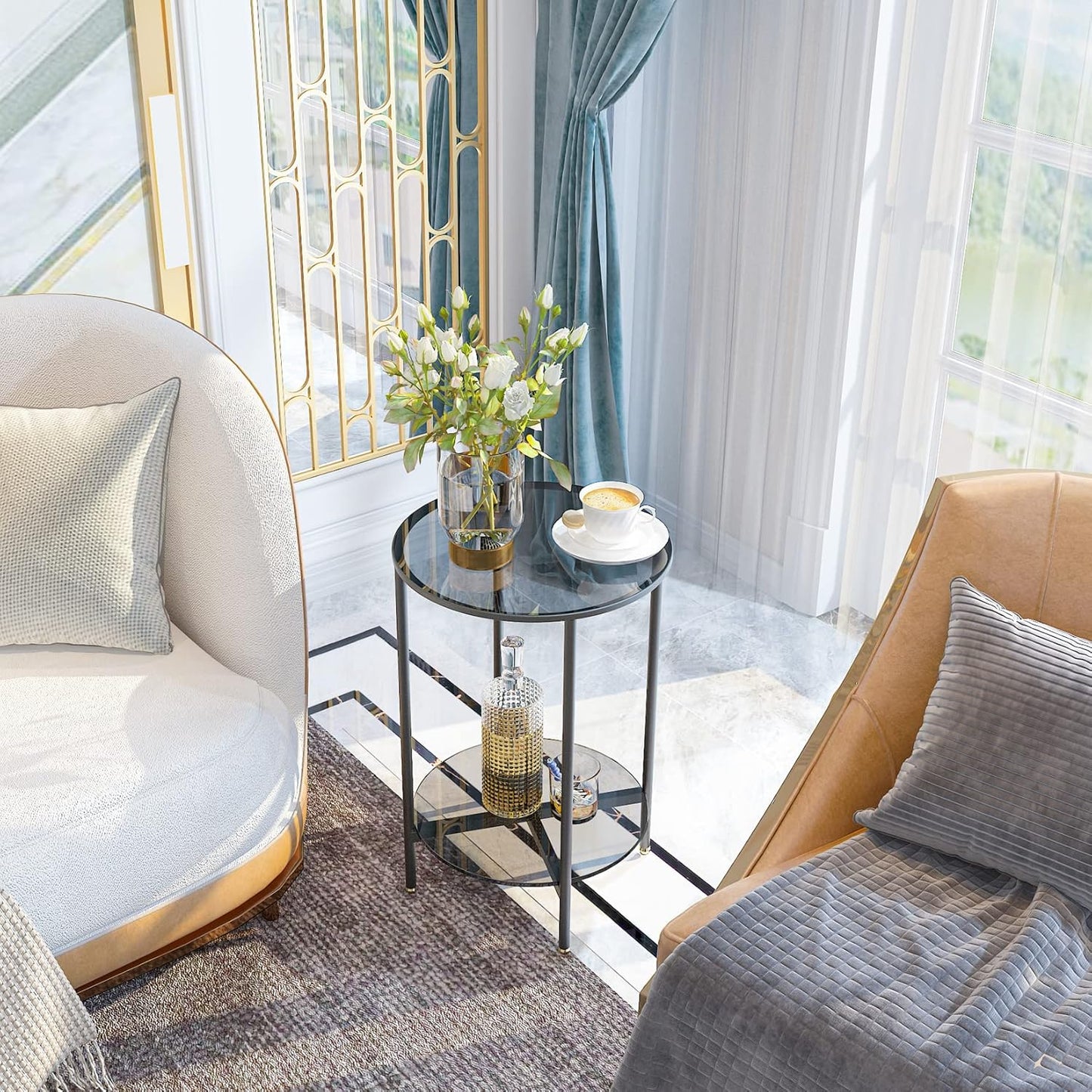 Tempered Glass Table: 2-Tier Round Side Table Gray Bedside Table Modern Storage Side Table Minimalist Glass Top End Table with Matt Black Frame Circle Bedside Sofa Side Table Living Room