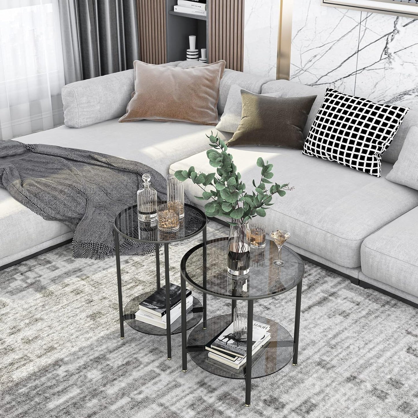 Tempered Glass Table: 2-Tier Round Side Table Gray Bedside Table Modern Storage Side Table Minimalist Glass Top End Table with Matt Black Frame Circle Bedside Sofa Side Table Living Room