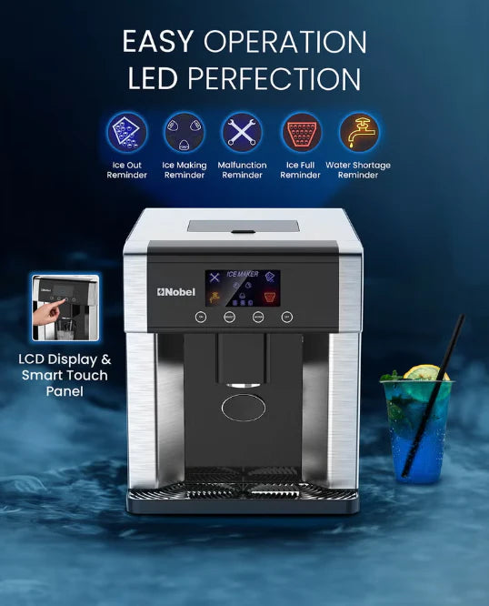 Nobel NIM31 Countertop Ice Maker & Water Dispenser – 10–15KG/Day, 3 Ice Sizes, 1.8L Tank & LCD Display
