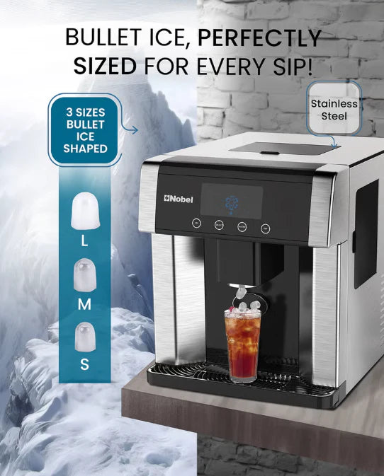 Nobel NIM31 Countertop Ice Maker & Water Dispenser – 10–15KG/Day, 3 Ice Sizes, 1.8L Tank & LCD Display