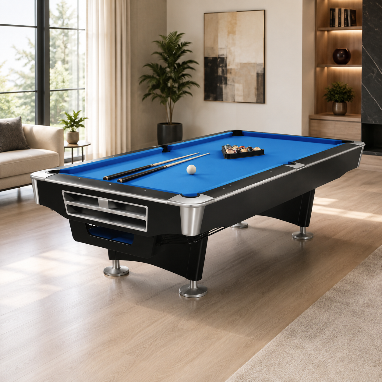 9ft,8ft Professional Modern Billiard Pool Table with Premium Blue Felt Style Billiard Pool Table – Modern Edition