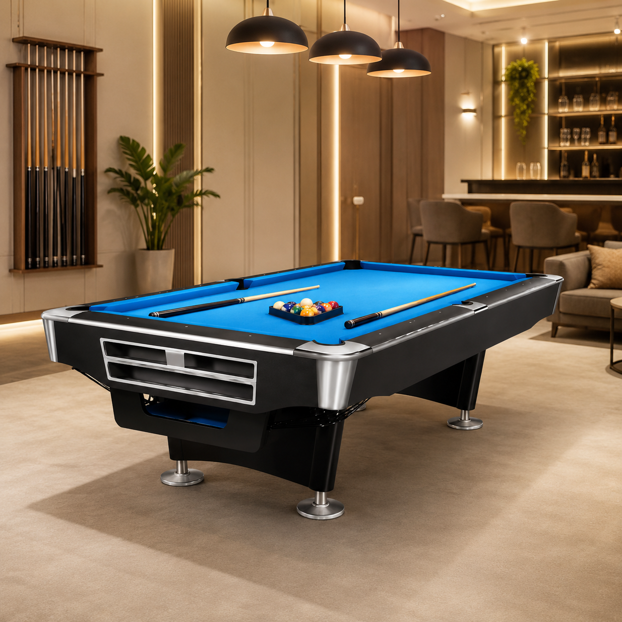 9ft,8ft Professional Modern Billiard Pool Table with Premium Blue Felt Style Billiard Pool Table – Modern Edition