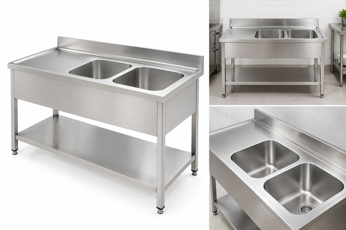 Commercial Double Bowl Stainless Steel Sink | AISI 304 Two Compartment Kitchen Sink 1600×700×850mm | Made in UAE