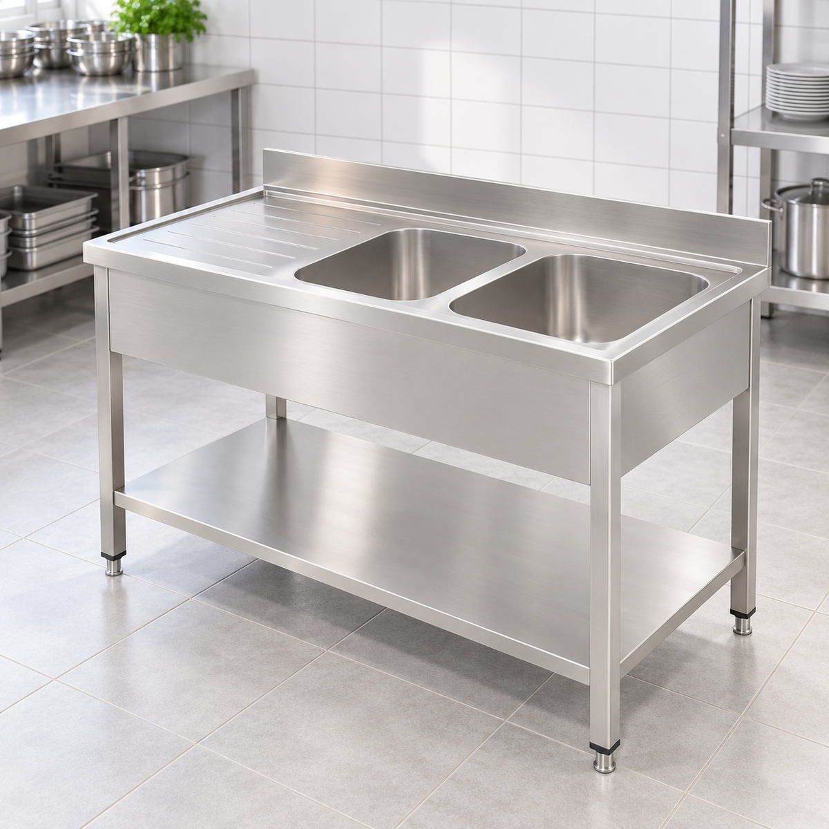Commercial Double Bowl Sink with Left-Hand Drainer | AISI 304 Stainless Steel Kitchen Sink | Made in UAE