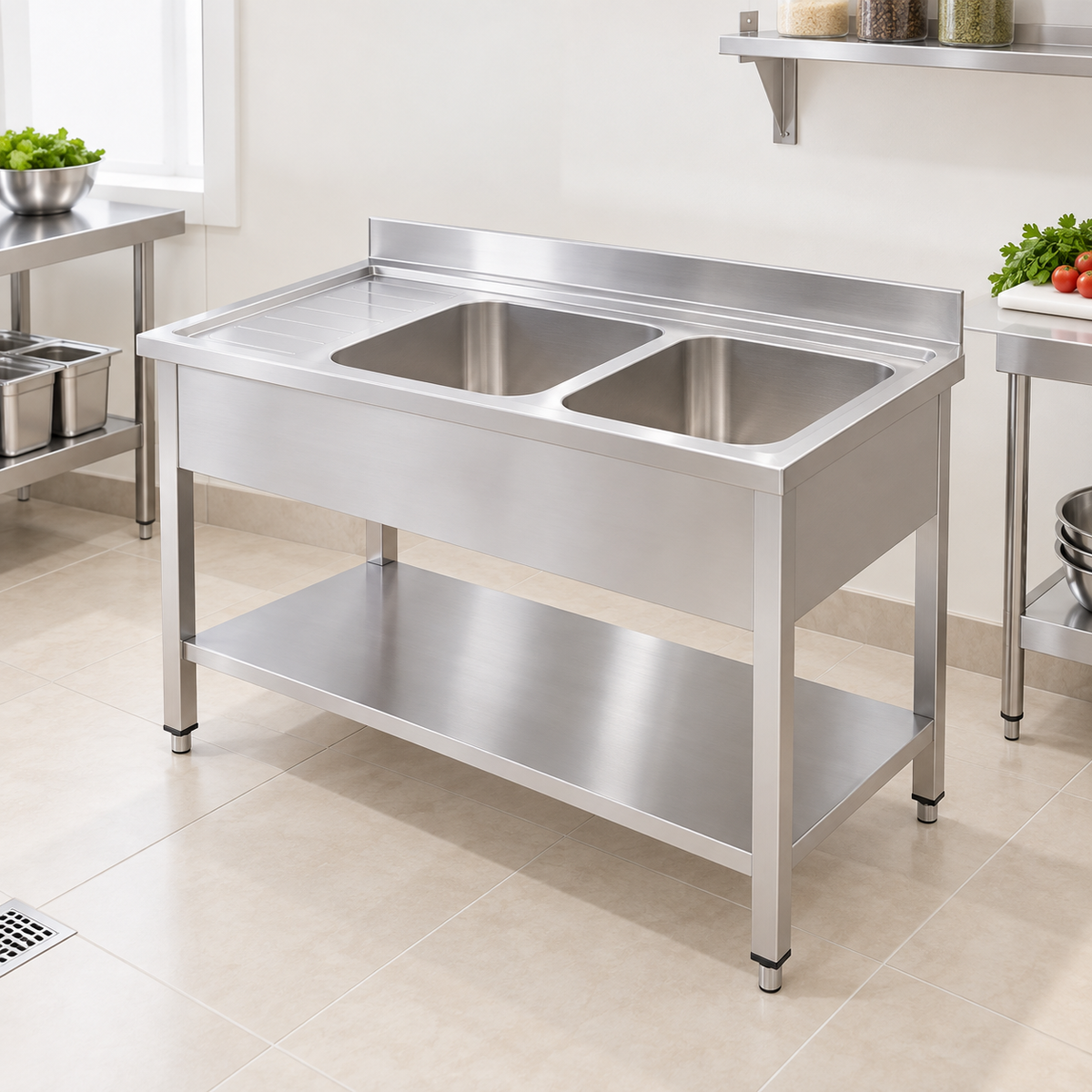 Commercial Double Bowl Sink with Left-Hand Drainer | AISI 304 Stainless Steel Kitchen Sink | Made in UAE