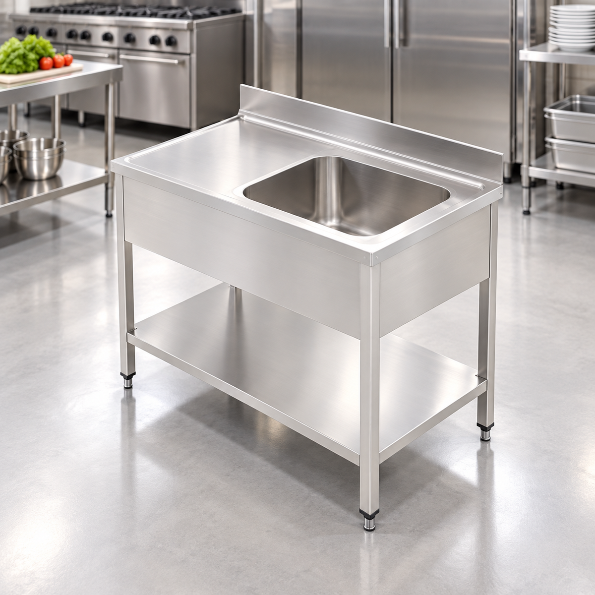 Commercial Single Bowl Sink with Right-Hand Drainer | AISI 304 Stainless Steel Kitchen Sink 1200×700×850mm | Made in UAE