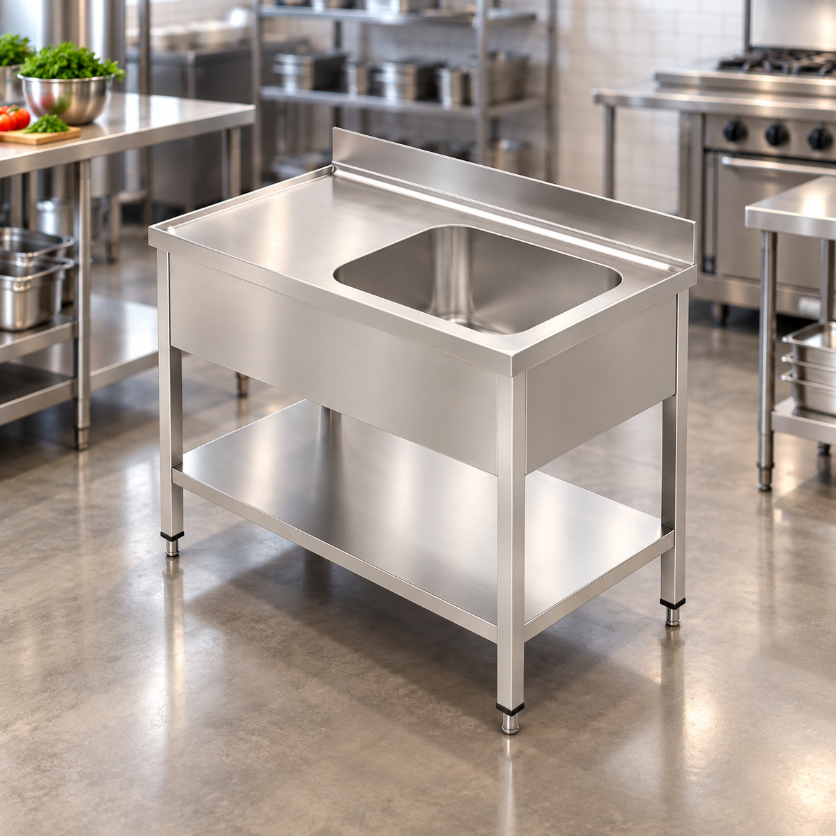 Commercial Single Bowl Sink with Right-Hand Drainer | AISI 304 Stainless Steel Kitchen Sink 1200×700×850mm | Made in UAE