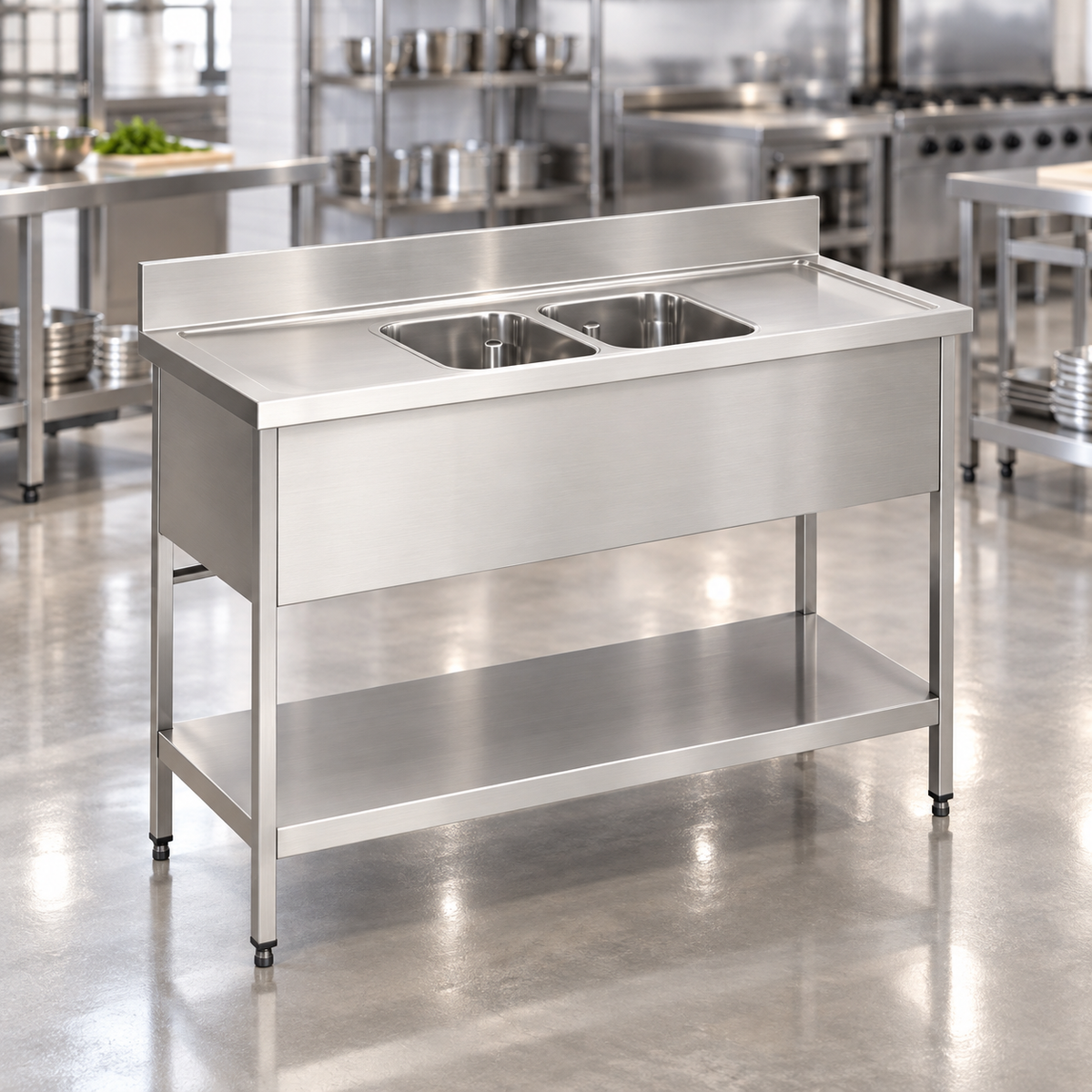 Commercial Double Bowl Sink with Double Drainers | AISI 304 Stainless Steel Sink with Undershelf 2000×700×850mm | Made in UAE