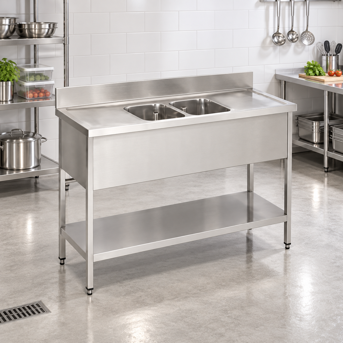 Commercial Double Bowl Sink with Double Drainers | AISI 304 Stainless Steel Sink with Undershelf 2000×700×850mm | Made in UAE