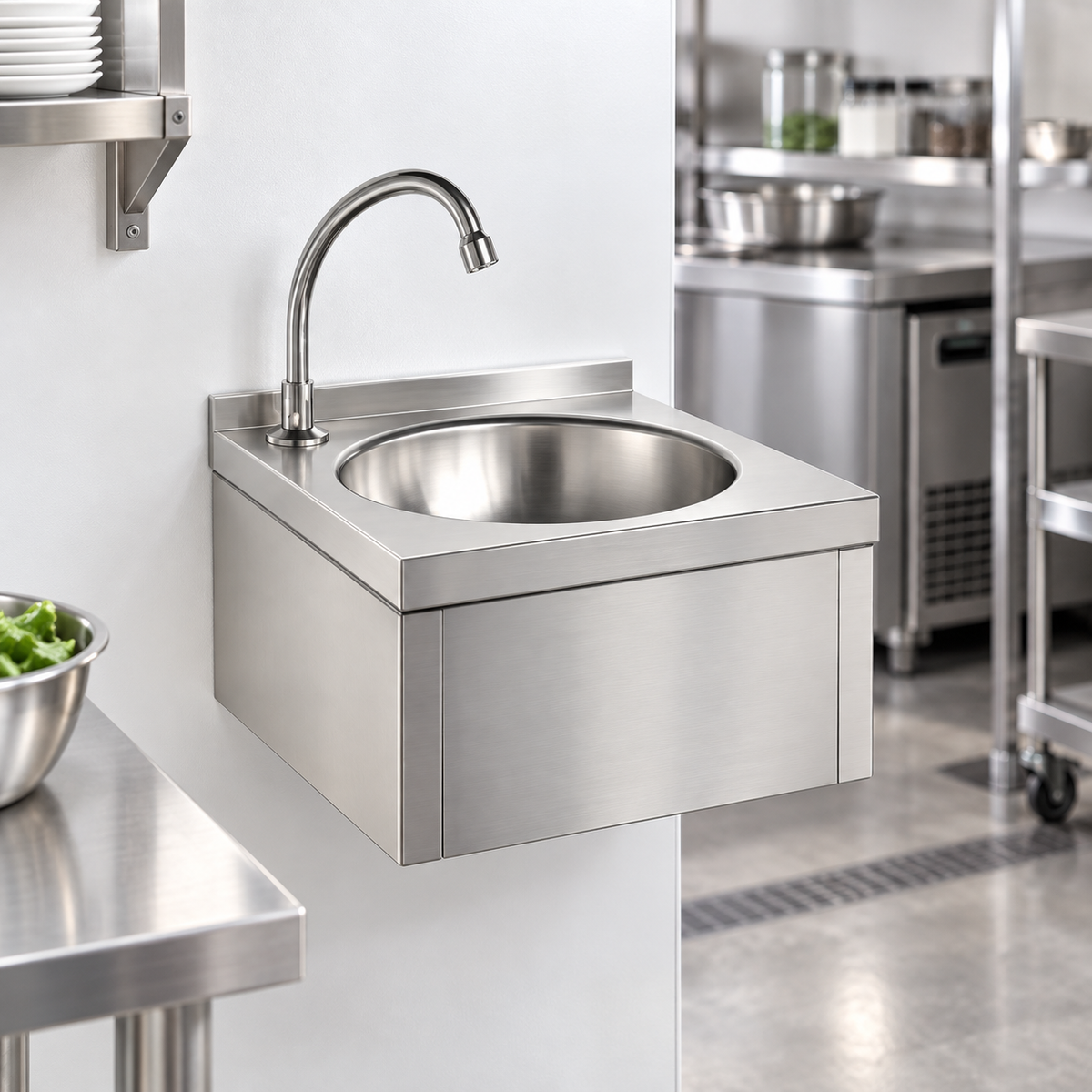 Wall Mounted Knee Operated Hand Wash Sink with Mixer Tap | AISI 304 Stainless Steel 400×400mm | Made in Malaysia