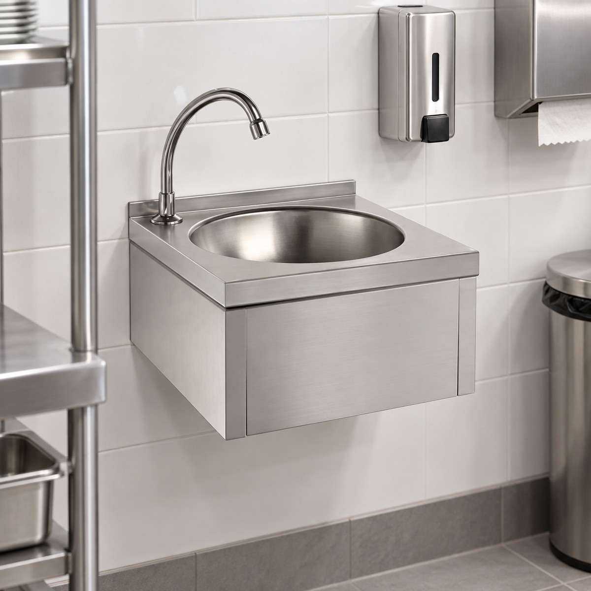 Wall Mounted Knee Operated Hand Wash Sink with Mixer Tap | AISI 304 Stainless Steel 400×400mm | Made in Malaysia