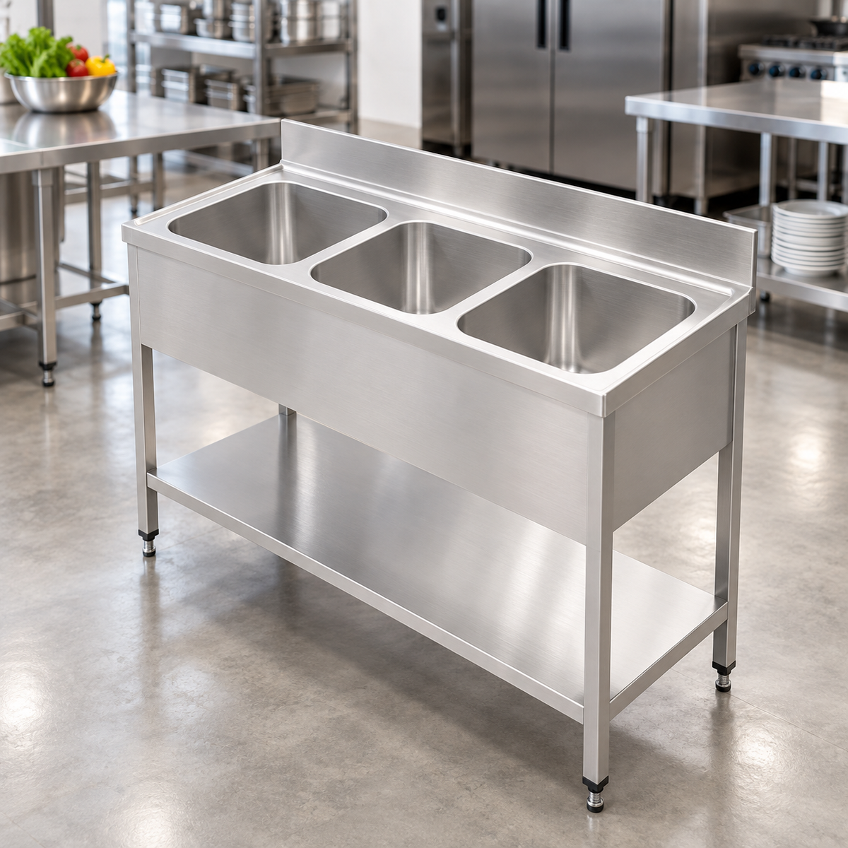 Commercial Triple Bowl Stainless Steel Sink with Undershelf | AISI 304 Kitchen Sink 1600×700×850mm | Made in UAE