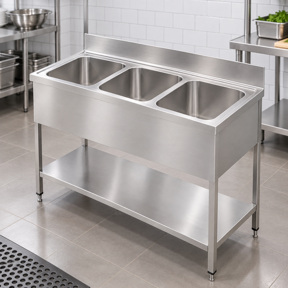 Commercial Triple Bowl Stainless Steel Sink with Undershelf | AISI 304 Kitchen Sink 1600×700×850mm | Made in UAE