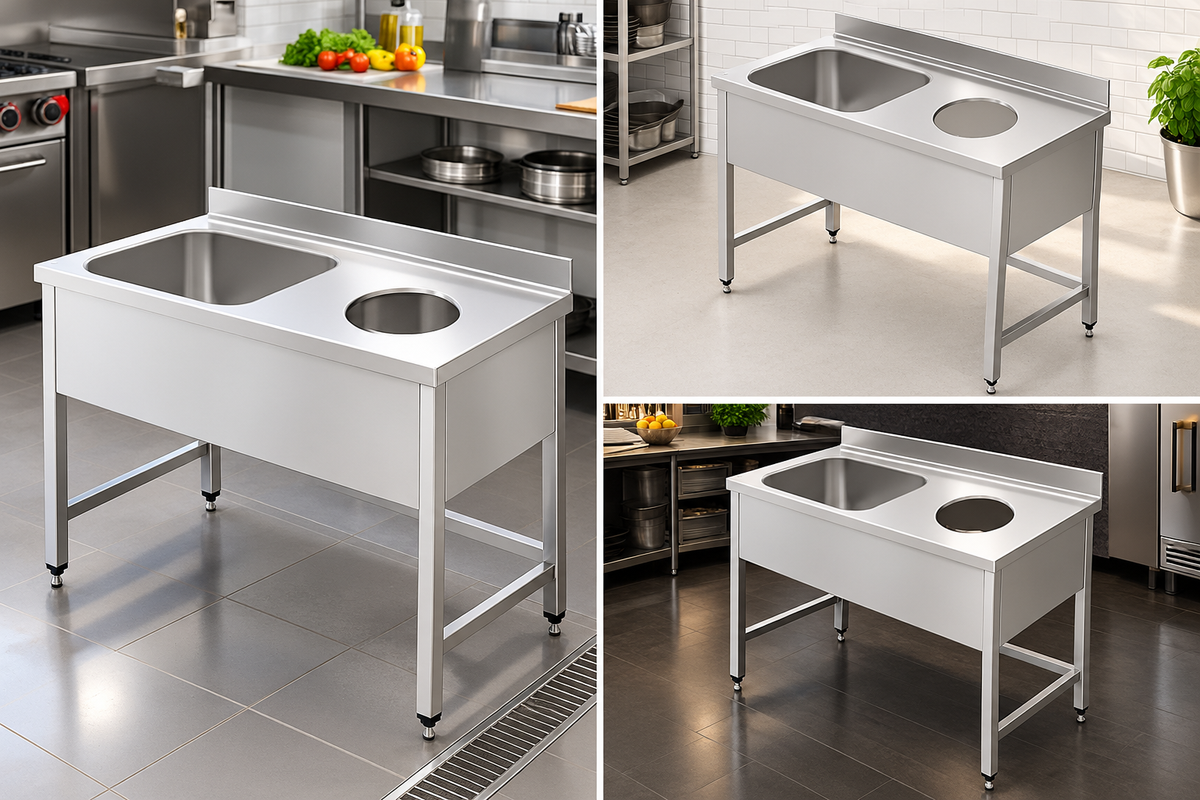 Commercial Stainless Steel Sink Work Table with Scrapping Hole | AISI 304 Single Bowl Sink 1000×700×850mm | Made in UAE