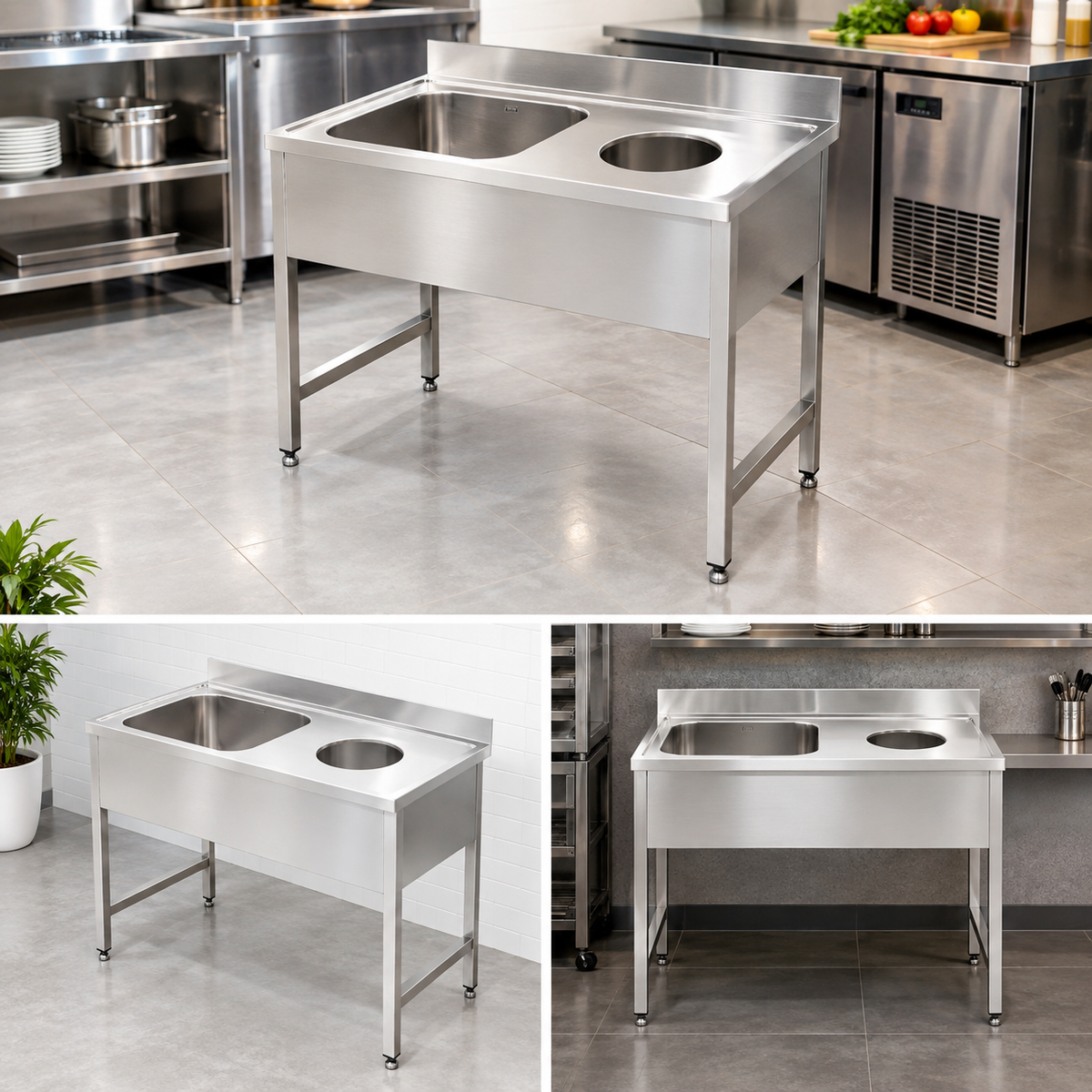 Commercial Stainless Steel Sink Work Table with Scrapping Hole | AISI 304 Single Bowl Sink 1000×700×850mm | Made in UAE