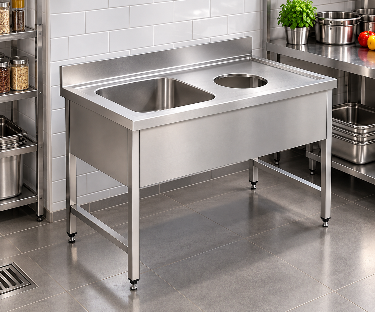 Commercial Stainless Steel Sink Work Table with Scrapping Hole | AISI 304 Single Bowl Sink 1000×700×850mm | Made in UAE