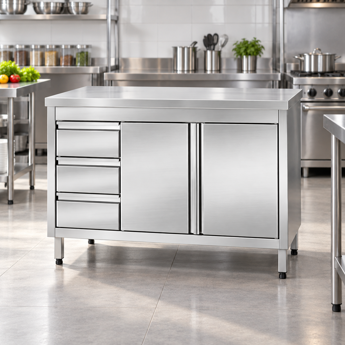 Commercial Base Cabinet with 3 Vertical Drawers & Hinged Doors | AISI 304 Stainless Steel | 1000×700×850 mm | Made in UAE