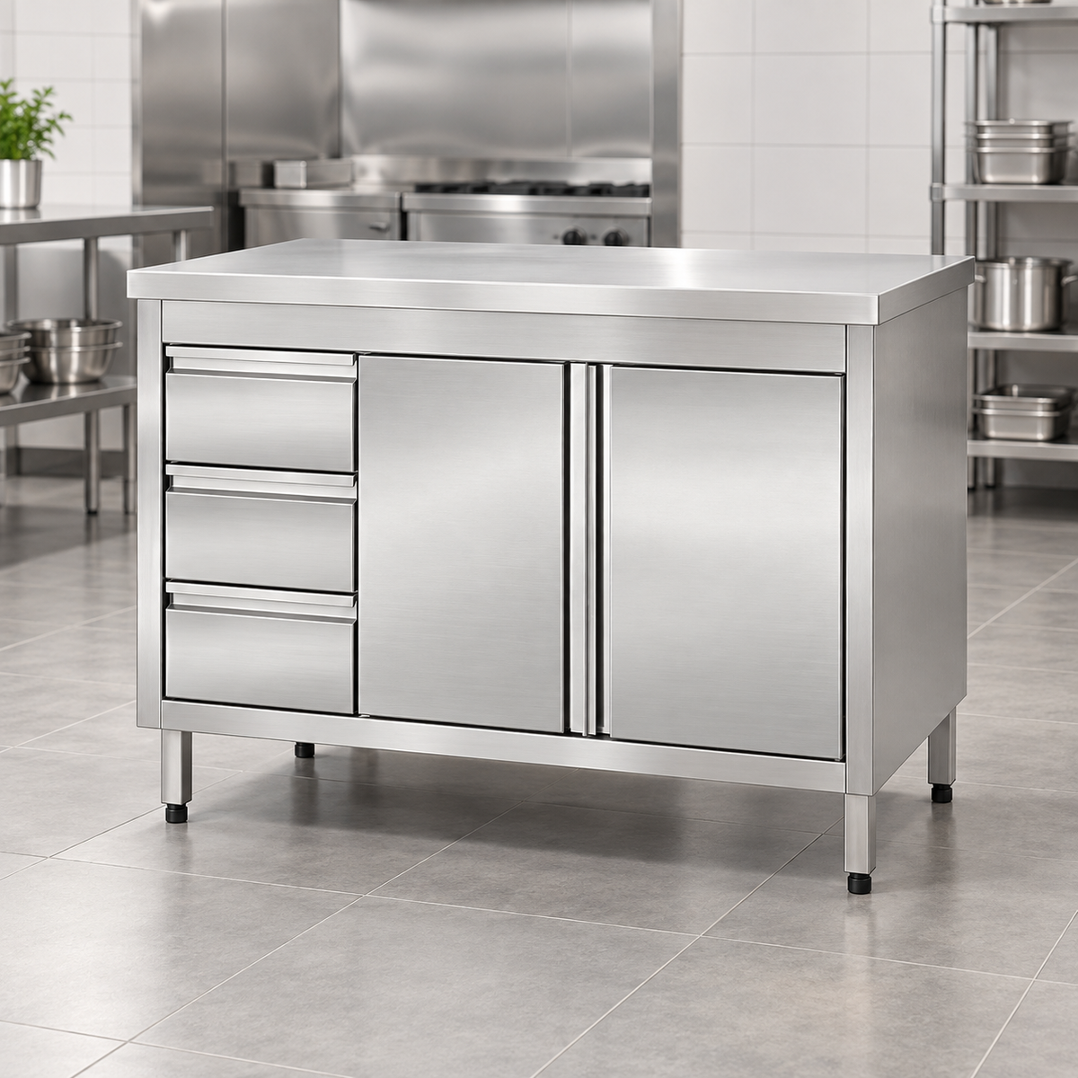 Commercial Base Cabinet with 3 Vertical Drawers & Hinged Doors | AISI 304 Stainless Steel | 1000×700×850 mm | Made in UAE