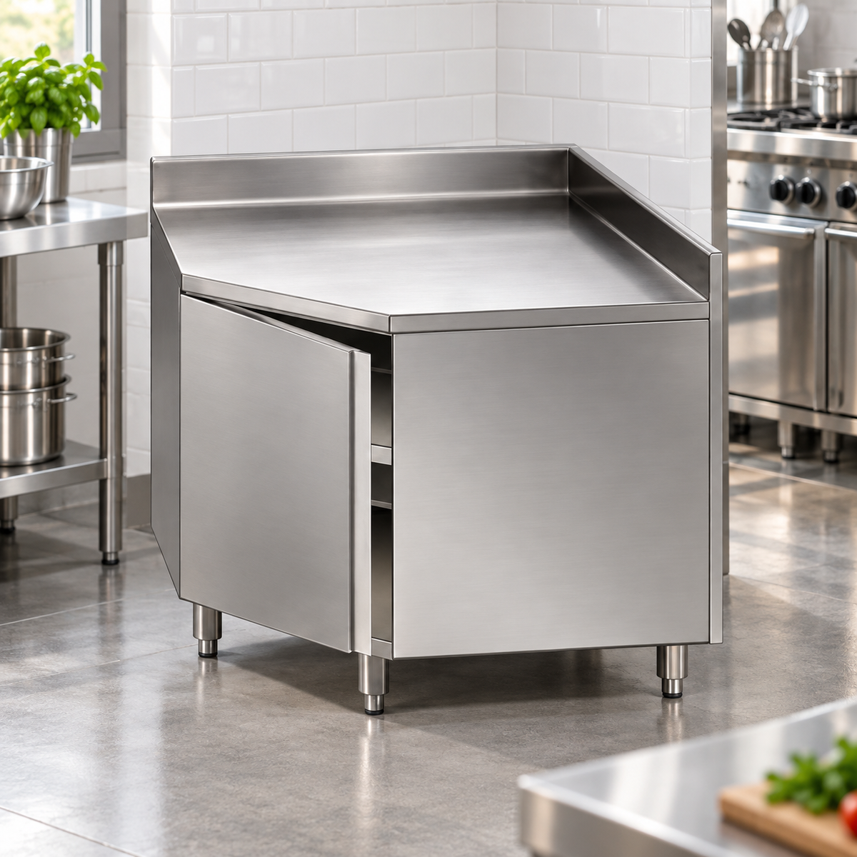 Commercial Corner Base Cabinet | AISI 304 Stainless Steel Kitchen Storage Cabinet | 1000×1000×850 mm | Made in UAE