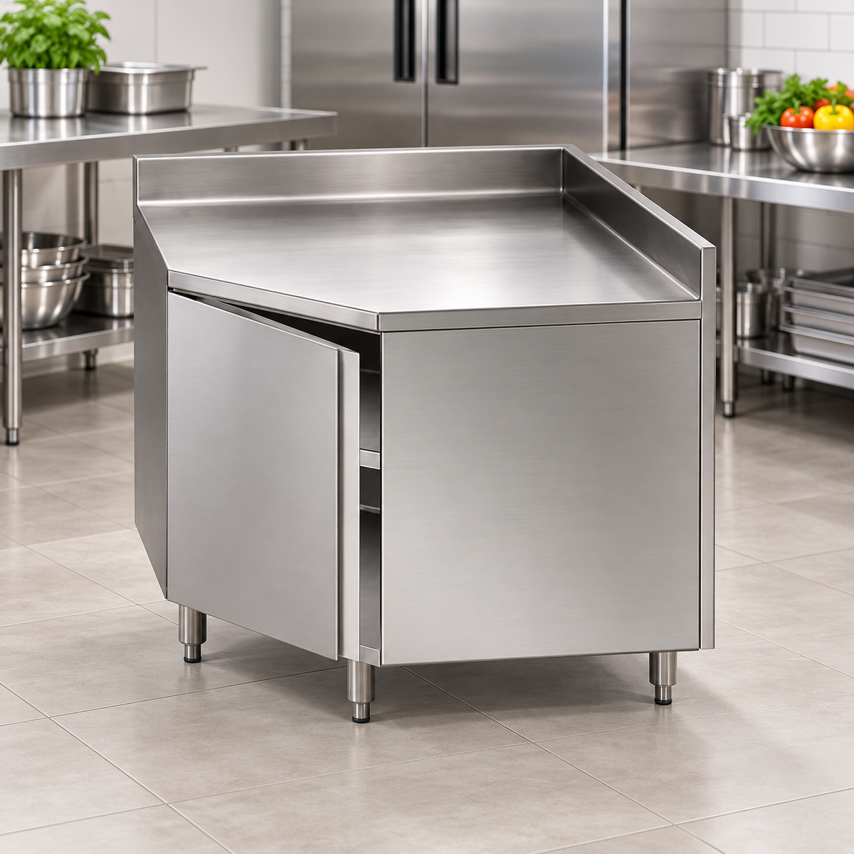 Commercial Corner Base Cabinet | AISI 304 Stainless Steel Kitchen Storage Cabinet | 1000×1000×850 mm | Made in UAE