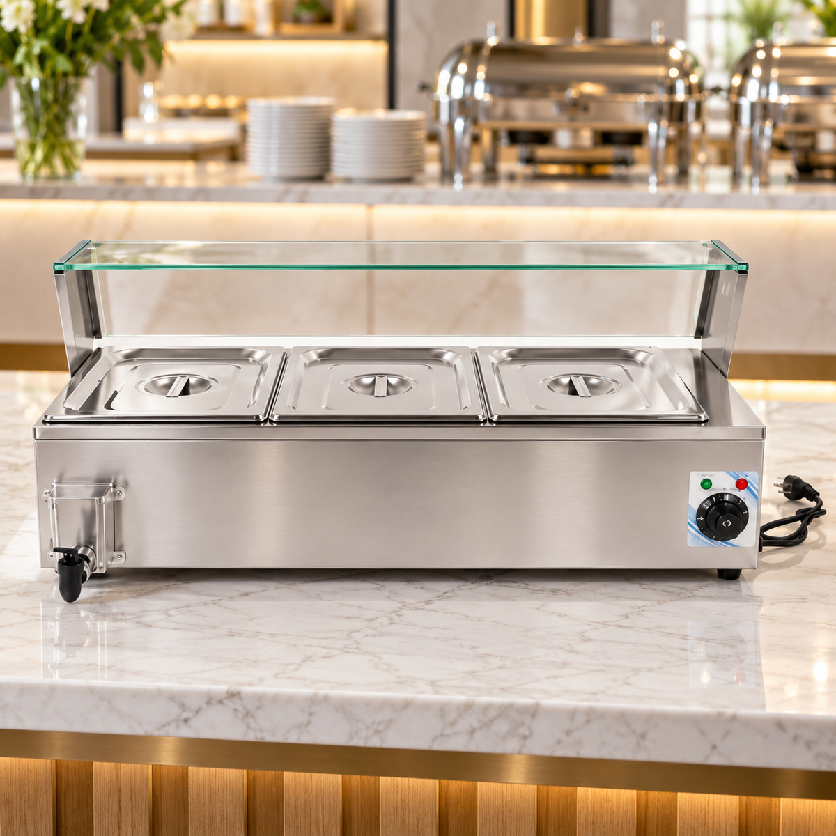 Electric Bain Marie with Glass Counter 3 × 1/2 GN | 1.5KW Stainless Steel Buffet Food Warmer | GN HBM-22