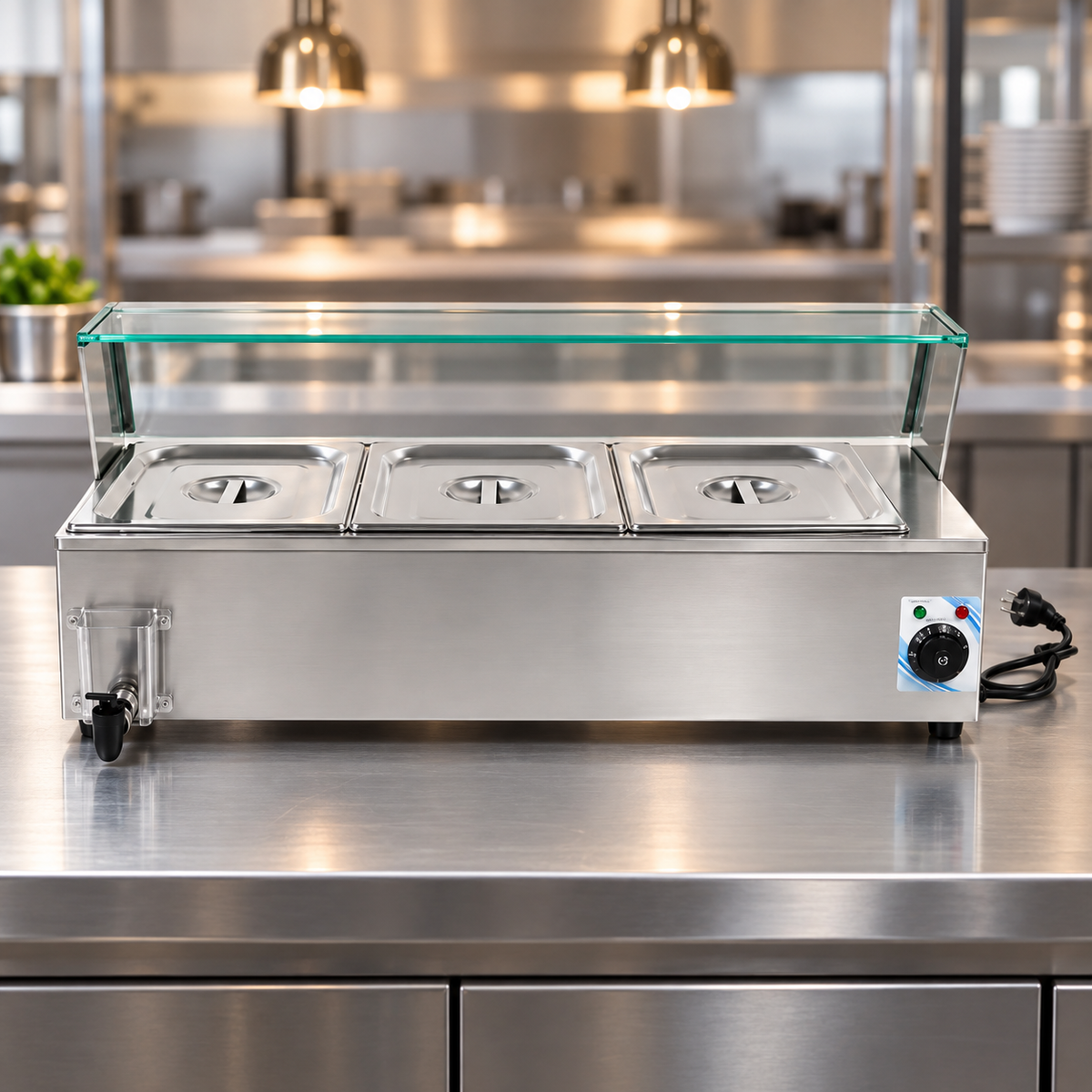 Electric Bain Marie with Glass Counter 3 × 1/2 GN | 1.5KW Stainless Steel Buffet Food Warmer | GN HBM-22