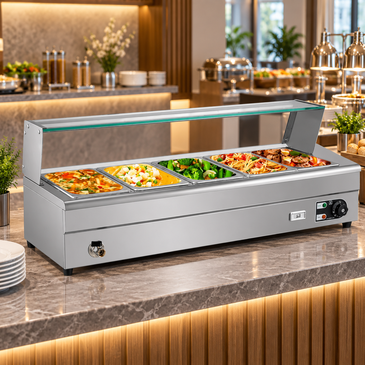 HBM-25 Electric Bain Marie with Glass Counter | 5 × 1/2 GN | 1.8KW Stainless Steel Buffet Food Warmer